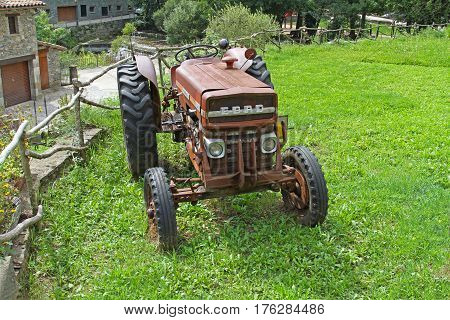 Rupit Spain - September 09 2014: Agricultural equipment Ebro on green grass in Rupit (Catalonia Spain)