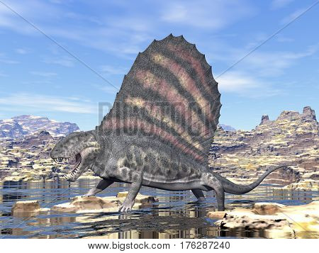 Dimetrodon standing in a pond in the desert by day - 3D render