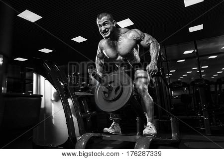 Athlete Muscular Bodybuilder In The Gym Training Biceps With Bar