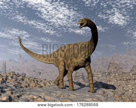 Spinophorosaurus dinosaur walking in the desert by day- 3D render