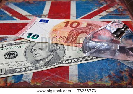 euro banknote and american dollar on British flag