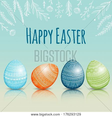 Beautiful easter greeting card with colored easter eggs on a floral background