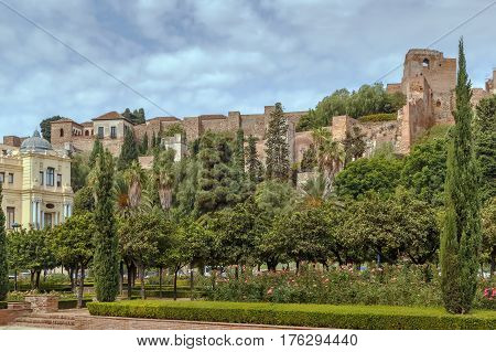 view of Alcazaba in Malaga Spain. Alcazaba is a palatial fortification in Malaga