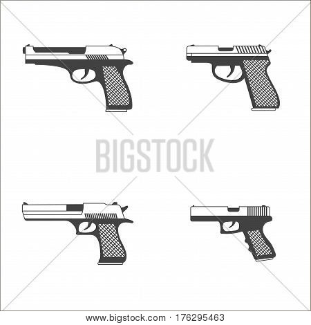 Black set of gun, pistols on white background