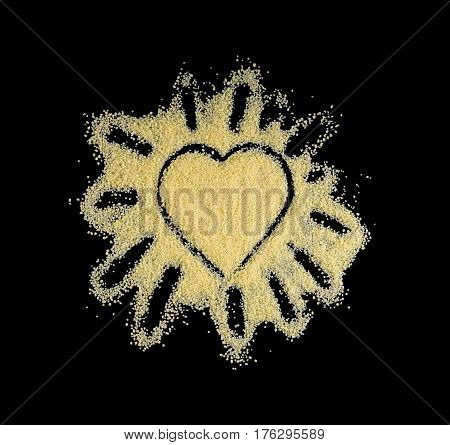 Heart made of couscous on a black background. I like couscous.
