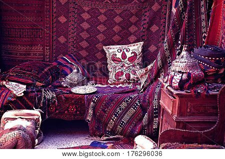 Carpet bazaar in Turkey. Oriental carpet pillow blanket jewelry for sale