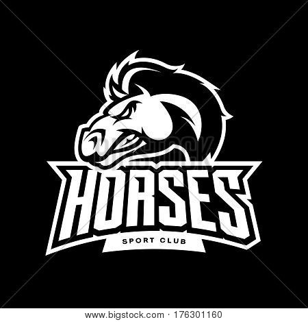 Furious horse mono sport club vector logo concept isolated on dark background. Professional team badge design.
Premium quality wild stallion animal t-shirt tee print illustration.