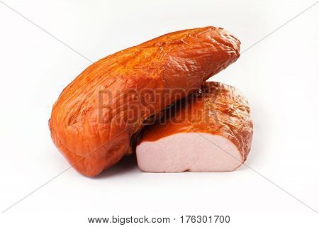 balyk on a white background. dried meat. beef, pork