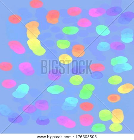 Abstract background of spots of blue and green and pink and yellow spreading paint light and dark throughout the drawing