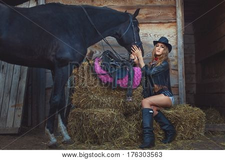 Woman cowboy with a horse on a rural farm.