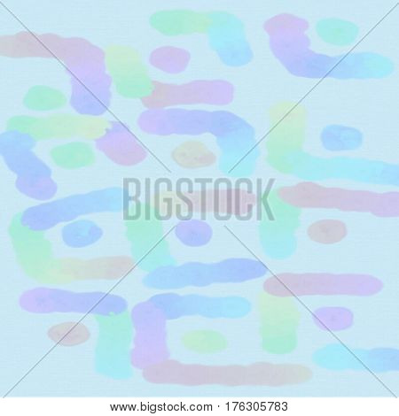 Abstract background of spots of blue and green and pink and yellow spreading paint light and dark throughout the drawing