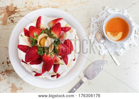 Homemade Cream Layer Cake, Fresh, Colorful, And Delicious Dessert With Juicy Strawberries, Sweet Whi