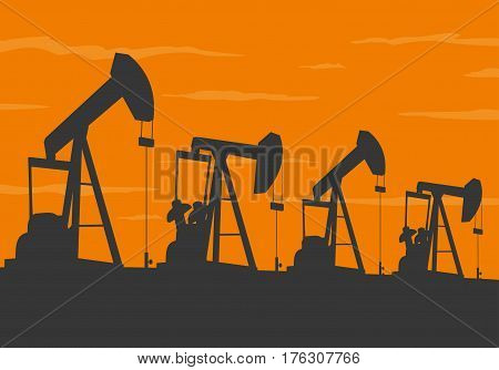 Oil pump on field silhouette - petroleum industry equipment. Vector illustration