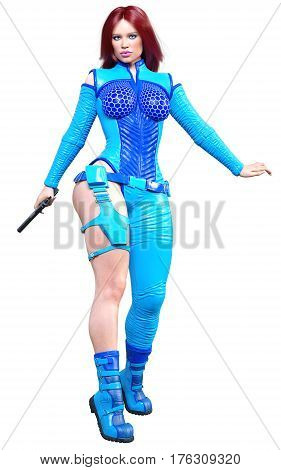 Young beautiful woman warrior from future. Protective blue armor leather jumpsuit. Pistol in hand. Girl standing candid provocative aggressive pose. Photorealistic 3D rendering isolate illustration.