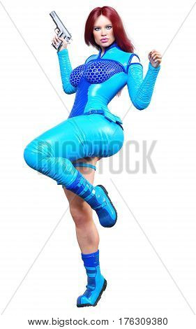 Young beautiful woman warrior from future. Protective blue armor leather jumpsuit. Pistol in hand. Girl standing candid provocative aggressive pose. Photorealistic 3D rendering isolate illustration.