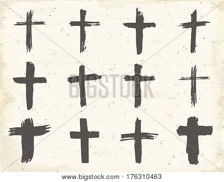 Grunge hand drawn cross symbols set. Christian crosses religious signs icons crucifix symbol vector illustration