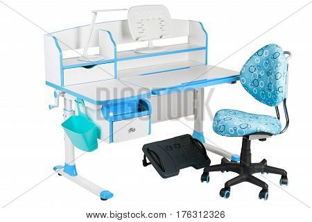 Blue chair school table blue basket desk lamp and black support under legs on the white isolated background.