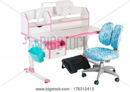 Blue chair pink school table blue basket desk lamp and black support under legs on the white isolated background.