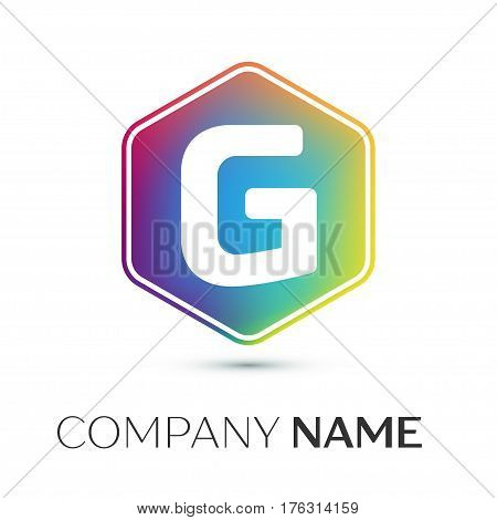 Letter G vector logo symbol in the colorful hexagonal on grey background. Vector template for your design