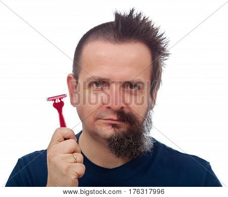 Razor efficiency mishap - man with half of head shaved off showing his red and pink disposable blade