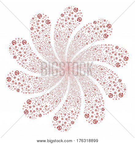 Refund fireworks swirl flower with ten petals. Vector illustration style is flat red scattered symbols. Object whirl combined from random pictographs.