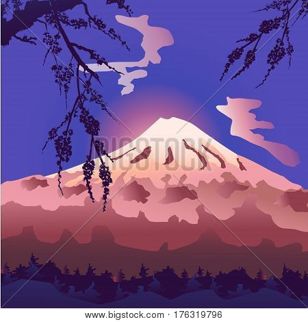 Stylized Mount Fuji in Japan. Landscape. Vector design. Silhouette of a flowering sakura branch