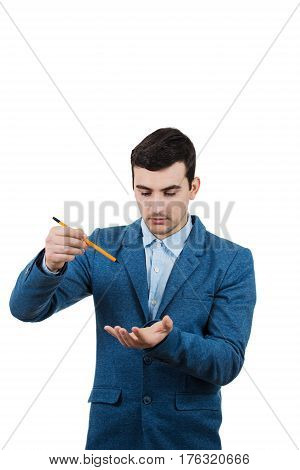 Creative Businessman Trying to develop an idea isolated on white.
