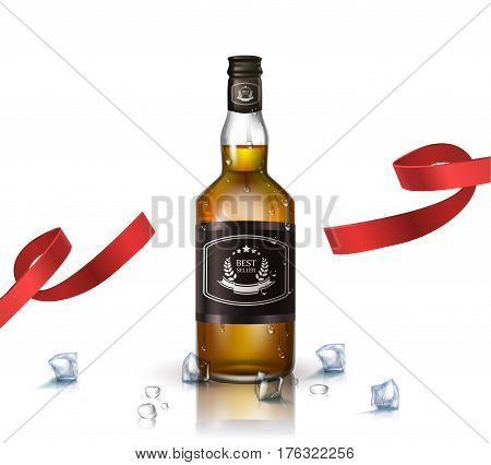 Bottle of brandy , bourbon, whiskey, cognac with red ribbon, isolated on white. Poster or brochure template.
