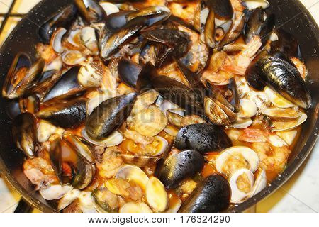 Italian typical food mixed seafood with mussels and clams