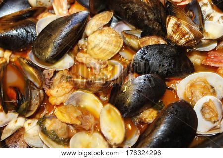 Italian typical food mixed seafood with mussels and clams