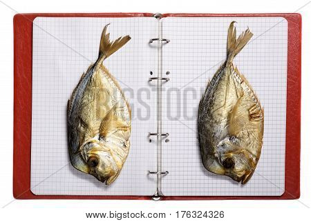 Two dried fish selene on sheets of a notebook