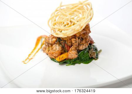 Fried Chicken In Sweet And Sour Sauce With French Fries.