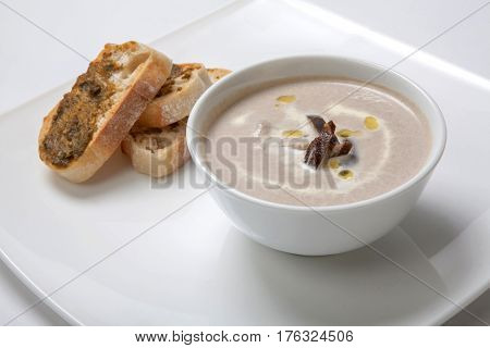 Soup Puree Mushrooms In A Deep White Plate