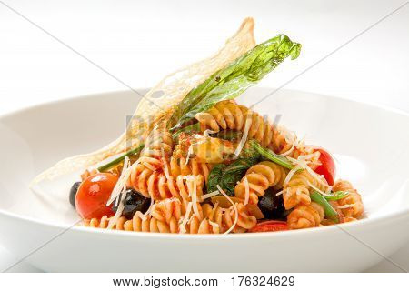 Pasta In Tomato Sauce With Fried Vegetables