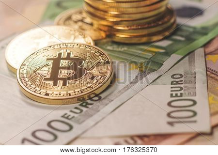 Golden bitcoin Euro background. Bitcoin cryptocurrency.  Bitcoin cryptocurrency.