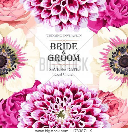 Vector wedding invitation with high detailed flowers
