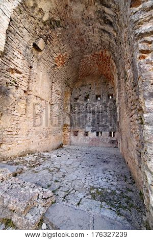 interior detail the ruins of an ancient fort used by soldiers during the First World War near the town of Asiago in North Italy