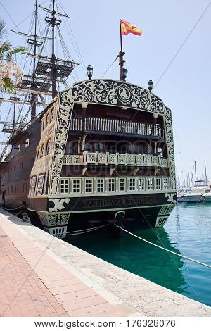 Alicante, Spain - June 30, 2016: Bow of the Santisima Trinidad ship. Ship is an exact replica of the Santisima Trinidad . Costa Blanca. Spain