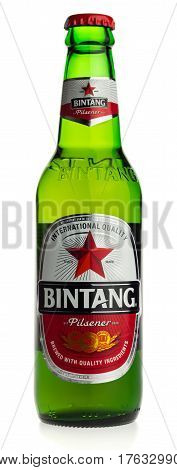 GRONINGEN, NETHERLANDS - MARCH 14, 2017: Bottle of Indonesian Bintang Lager beer isolated on a white background