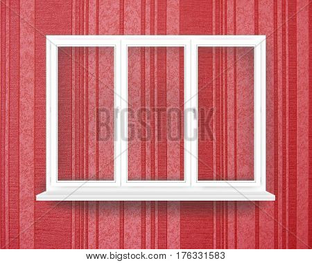 empty white three-leaved window isolated on the redish walipaper