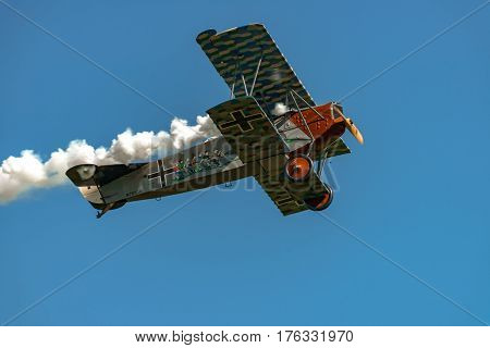 RHINEBECK NY - SEPTEMBER 25 2016: The Aerodrome Air Show Team perform a show with the World War I plane Fokker D.VII (Reproduction) at Old Rhinebeck Aerodrome