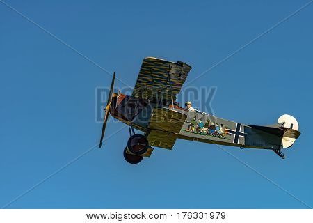 RHINEBECK NY - SEPTEMBER 25 2016: The Aerodrome Air Show Team perform a show with the World War I plane Fokker D.VII (Reproduction) at Old Rhinebeck Aerodrome