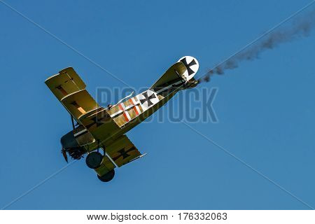 RHINEBECK NY - SEPTEMBER 25 2016: The Aerodrome Air Show Team perform a show with the World War I plane Fokker Dr-I (Reproduction) at Old Rhinebeck Aerodrome