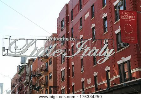 NEW YORK - May 14, 2015: Welcome to Little Italy sign in Lower Manhattan. Little Italy is an Italian community in Manhattan