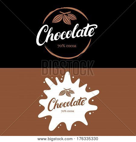 Set of chocolate hand written lettering logo, label, badge or emblem with cocoa bean. Vintage retro style. Isolated on black background. Vector illustration.