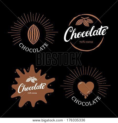 Set of chocolate hand written lettering logo, label, badge or emblem with cocoa bean. Vintage retro style. Isolated on black background. Vector illustration.