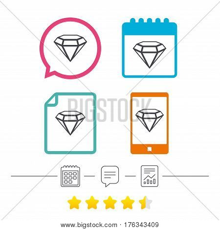 Diamond sign icon. Jewelry symbol. Gem stone. Calendar, chat speech bubble and report linear icons. Star vote ranking. Vector