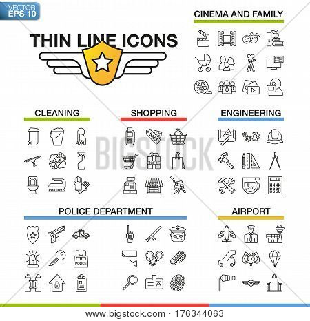 Vector illustration of thin line icons for cinema, family, cleaning, shopping, engineering, police department, airport. Linear symbols set on white background