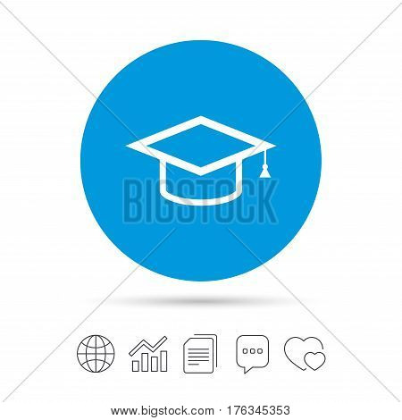 Graduation cap sign icon. Higher education symbol. Copy files, chat speech bubble and chart web icons. Vector