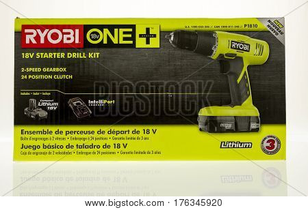 Winneconne WI - 21 February 2017: Box of a Ryobi One 18v cordless drill on an isolated background.